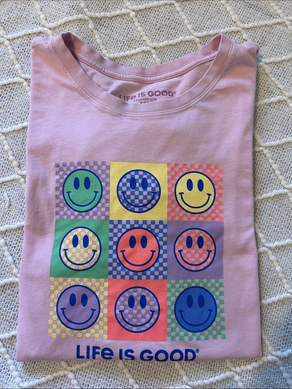 Life Is Good Pink Smiley Grid Top with Multicolor Faces
